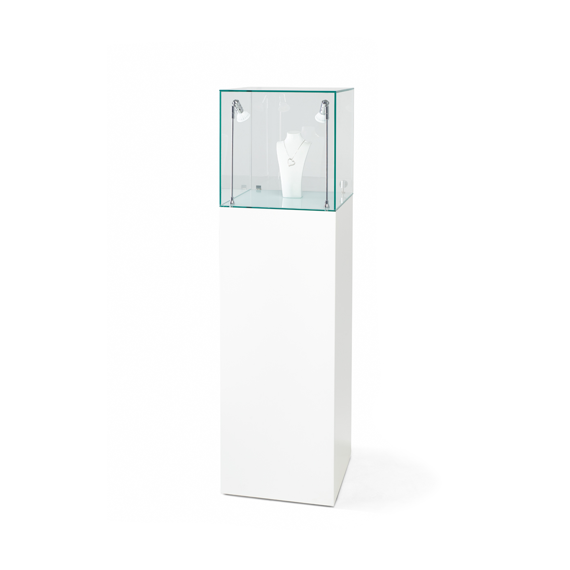 A white glass display cabinet perfect for Jewellery and smaller items