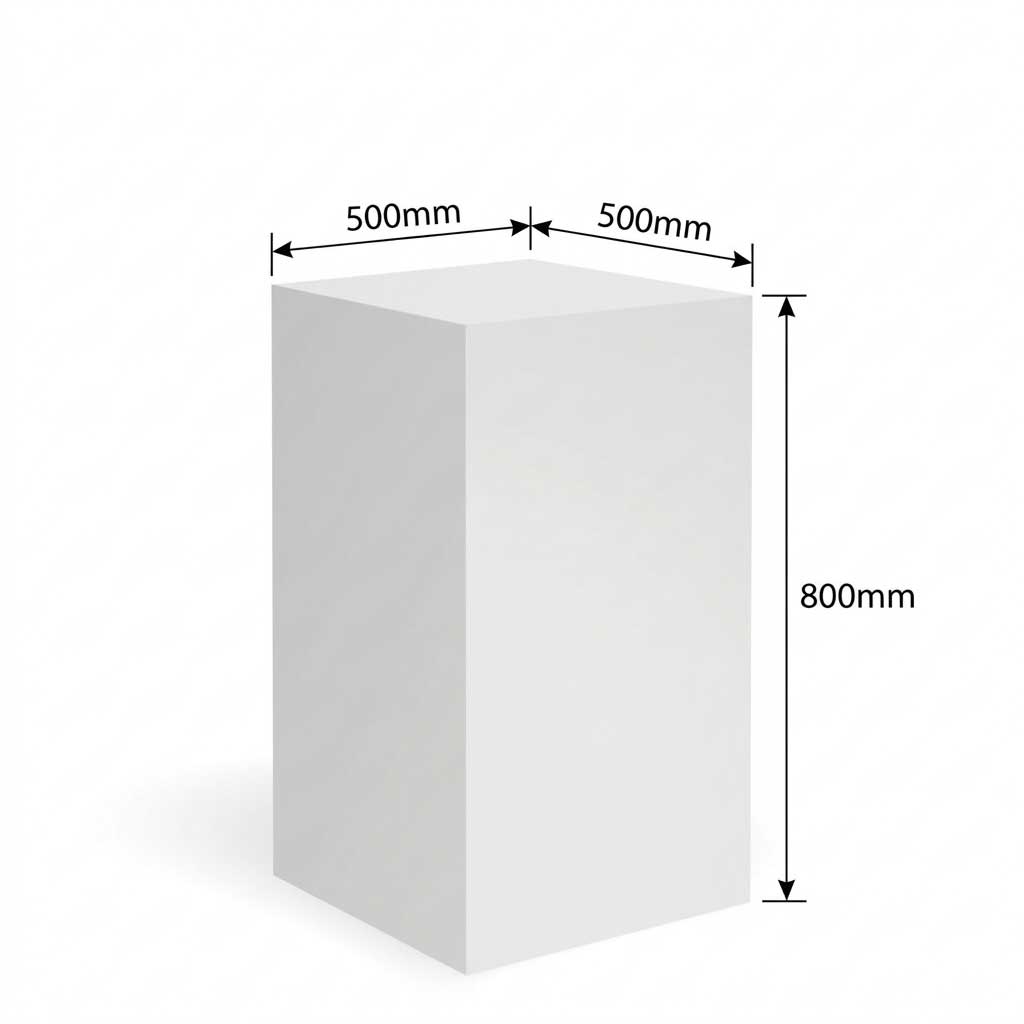 dimensioned image of white 500 square display plinth on white studio background