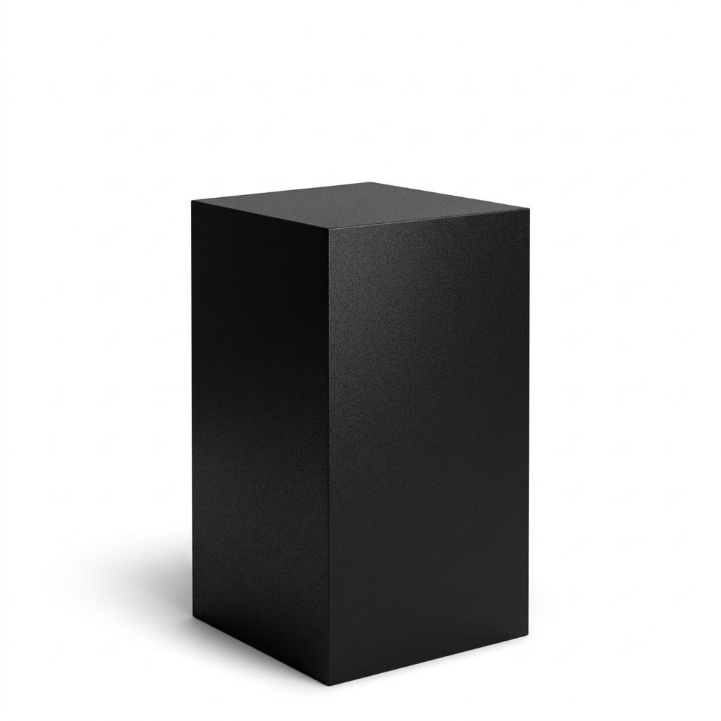 A sturdy, matte black square exhibition plinth with a seamless spray-paint finish, shown from a three-quarter perspective on a white studio background with a soft shadow.