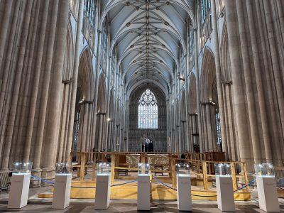 Glass display cabinets showcasing jewellery at York Minster for Bradley’s Jewellers event