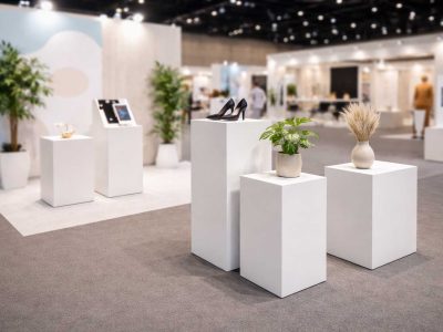 Exhibition display plinths in varying heights used on a modern exhibition stand